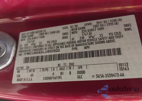 2020 Ford Escape Se из США, поврежденный, VIN 1FMCU9G62LUB53522